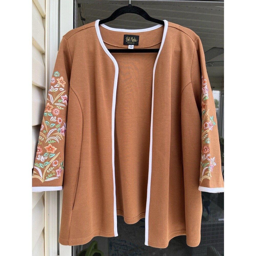 Bob Mackie Wearable Art womens cardigan brown embroidered 3/4 sleeve Jacket 1X